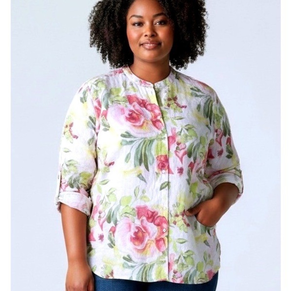 Go Silk Woman Size 3X 100% Linen Floral Button Up Blouse Mandarin Collar